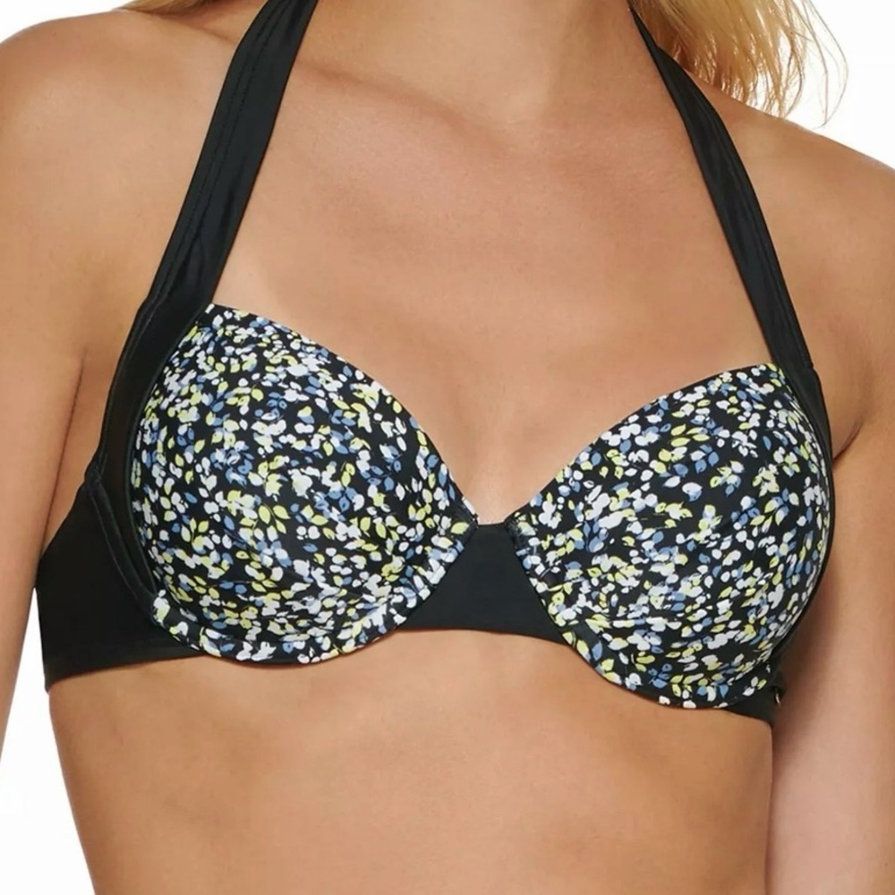 NWT  Calvin Klein Printed Convertible Bikini Top Ditsy Black Multi L
